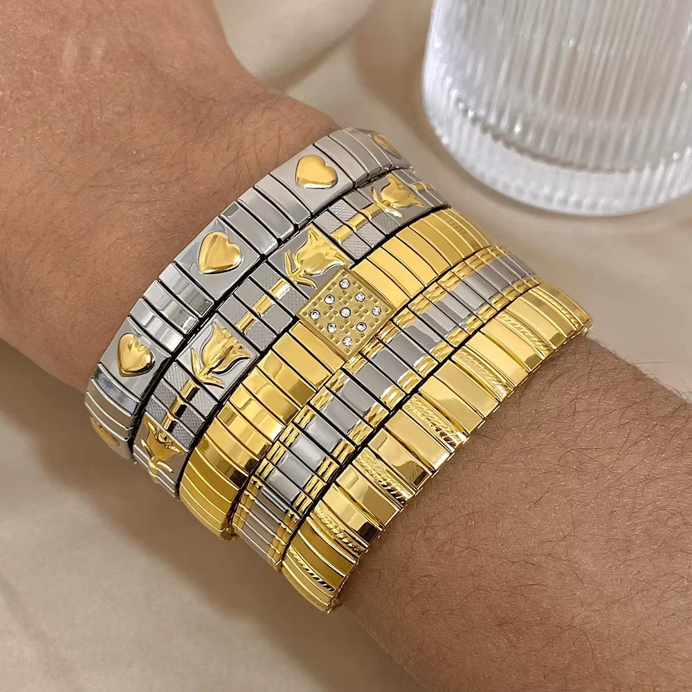 Waterproof Stainless Steel Bangles Bracelet 18K Plated Fashion Jewelry for Women Men Love Heart Flower Square Pattern Jewelry