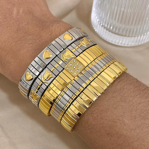 Waterproof Stainless Steel Bangles Bracelet 18K Plated Fashion Jewelry for Women Men Love Heart Flower Square Pattern Jewelry