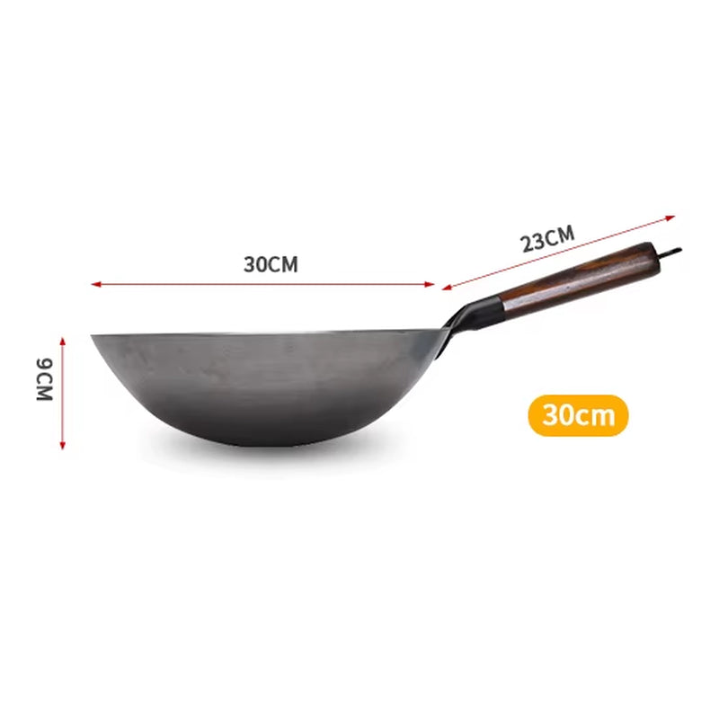 Traditional Iron Wok,Non-Coating Woks Hand Forged for Kitchen Panwooden Handle Wok Kitchen Gas Pot Cookware