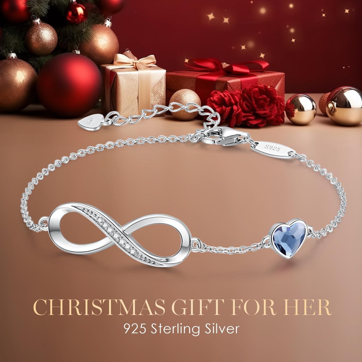 Valentine'S Day Gift Infinity Heart Birthstone Charm Link Bracelet for Women 925 Sterling Silver Adjustable Mother'S Day Christmas Day Gift Anniversary Birthday Jewelry for Wife Girlfriend Her
