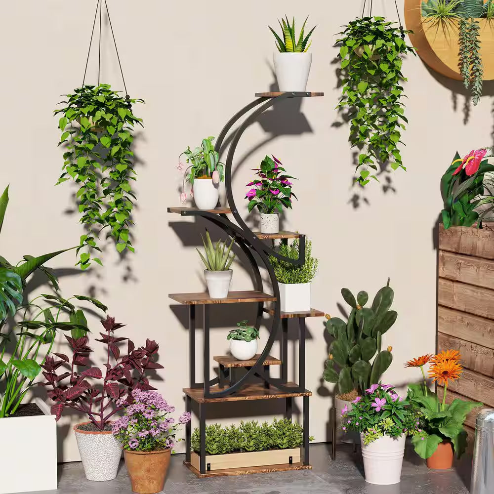62 In. X 25 In. X 10 In. Indoor Steel Frame Carbonized Plant Stand, Kits and Accessories, S-Shaped, 8 Tier, Black