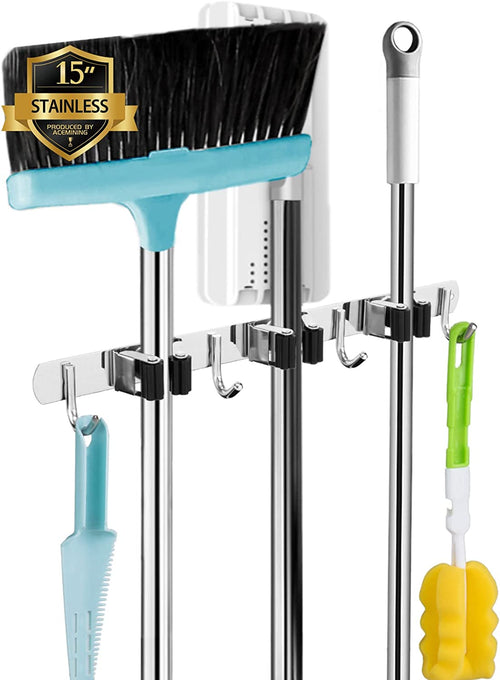 3 Racks and 4 Hooks Broom and Mop Holder Wall Mounted Garage Organizer Storage Tool Racks Stainless Steel Heavy Duty Hooks Self Adhesive Solid Non-Slip Wall Hangers for Home Kitchen Garden Laundry