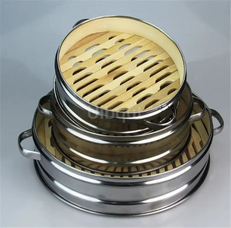 14 to 30Cm Stainless Steel Cookware Bamboo Steamer with Lid Chinese Kitchen Cookware for Cooking Fish Rise Pasta Vegetables Dim