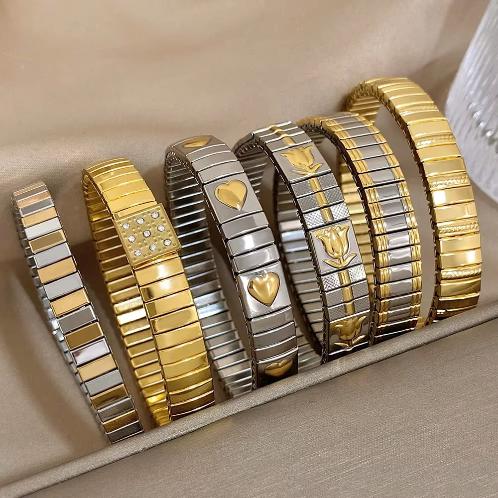 Waterproof Stainless Steel Bangles Bracelet 18K Plated Fashion Jewelry for Women Men Love Heart Flower Square Pattern Jewelry