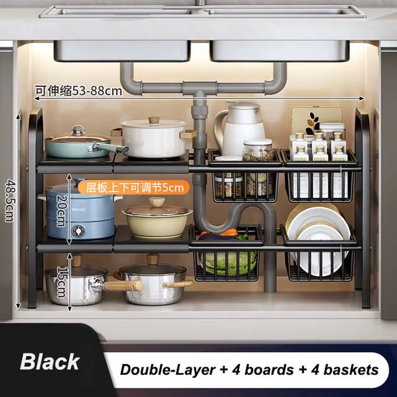 Kitchen under Sink Adjustable Dish Rack 2 Tiers Multifunctional Pots Pans Cookware Storage Rack Kitchen Counter Cabinet Basket