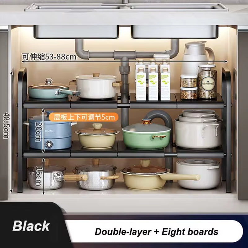 Kitchen under Sink Adjustable Dish Rack 2 Tiers Multifunctional Pots Pans Cookware Storage Rack Kitchen Counter Cabinet Basket