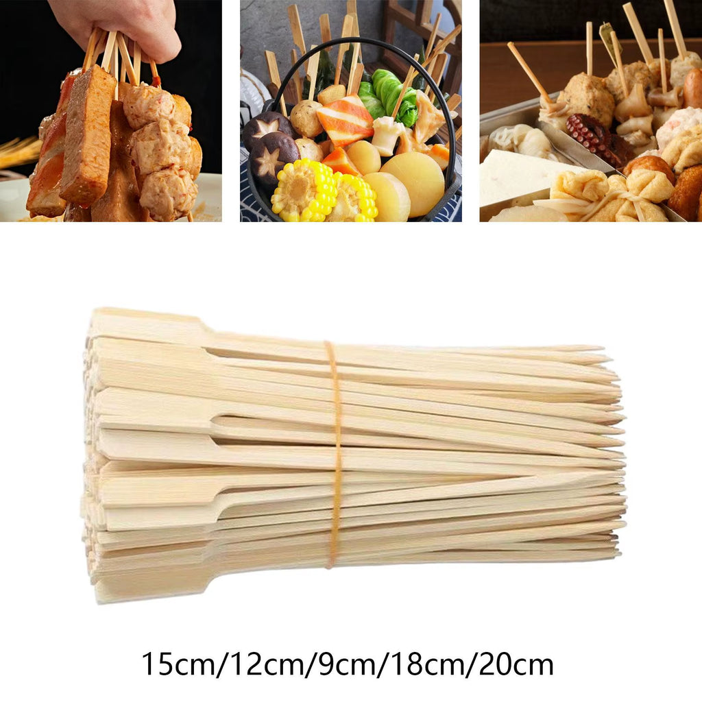 100 Pieces Bamboo Skewers BBQ Utensil Portable Cookware Tools Bamboo Paddle Picks for Sandwich Campfire Vegetable Kitchen Party