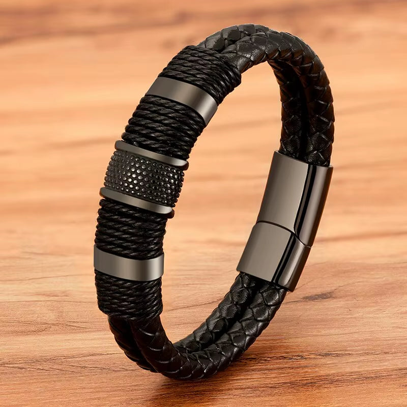 Vintage Woven Leather Rope Wrap Bracelets for Men Classic Stainless Steel Bangles Bracelets Punk Wristband Jewelry Male Gifts
