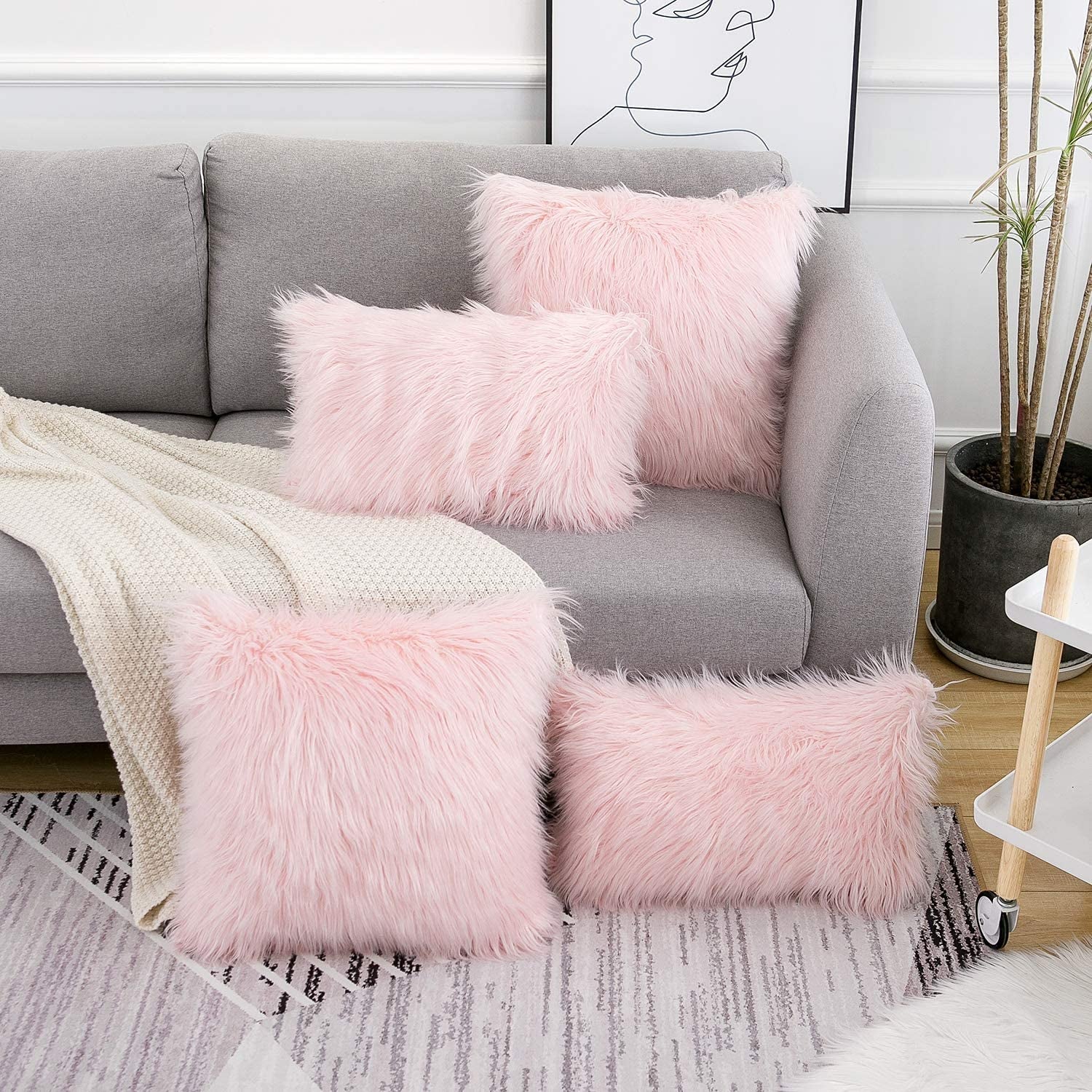 Set of 2 Easter Spring Pink Fluffy Pillow Covers New Luxury Series Merino Style Blush Faux Fur Throw Pillow Covers Square Fuzzy Cushion Case 18X18 Inch for Couch Sofa Home Decorations