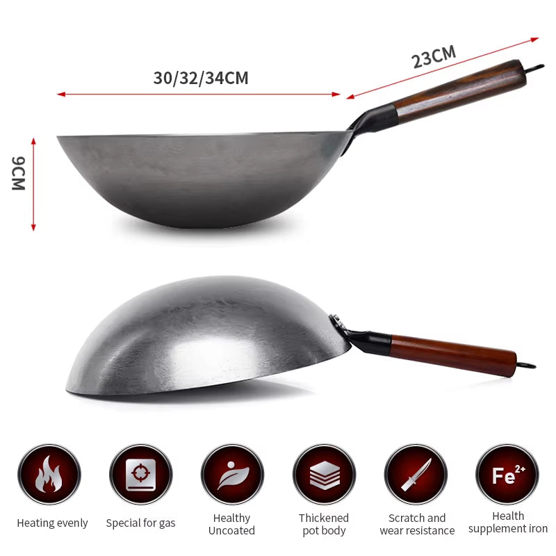 Traditional Iron Wok,Non-Coating Woks Hand Forged for Kitchen Panwooden Handle Wok Kitchen Gas Pot Cookware