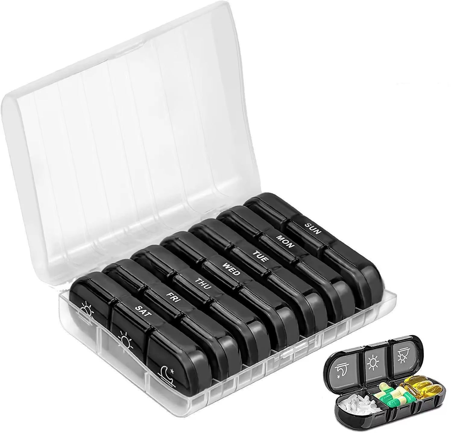 Weekly 21 Grids Pill Box Medicine Organizer Black Plastic PP Storage Box Container Portable Pill Case