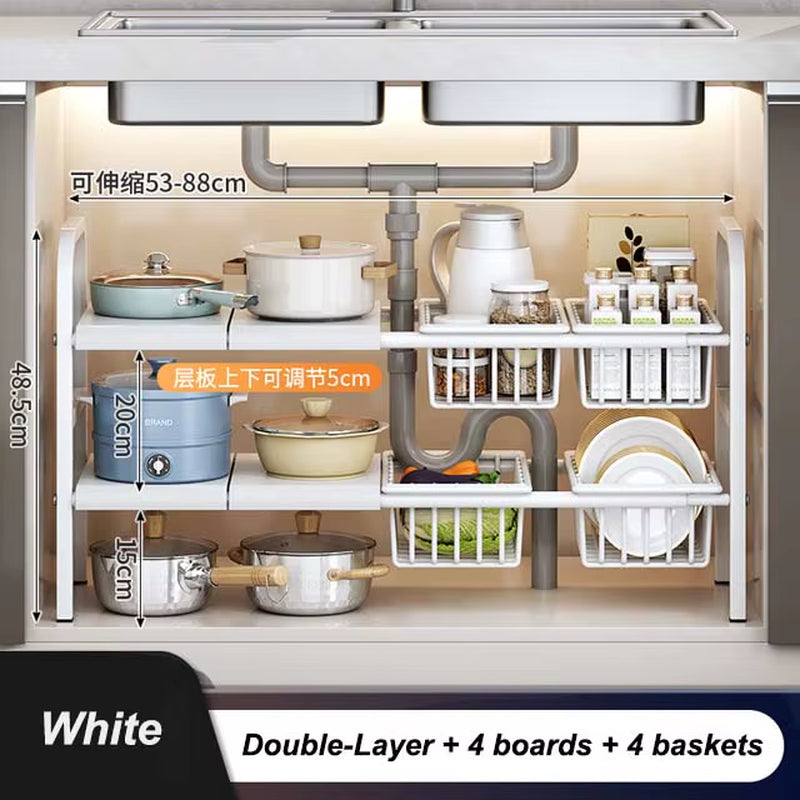 Kitchen under Sink Adjustable Dish Rack 2 Tiers Multifunctional Pots Pans Cookware Storage Rack Kitchen Counter Cabinet Basket