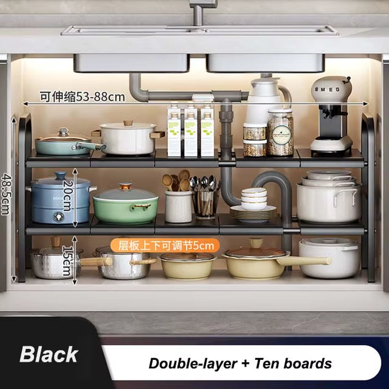 Kitchen under Sink Adjustable Dish Rack 2 Tiers Multifunctional Pots Pans Cookware Storage Rack Kitchen Counter Cabinet Basket