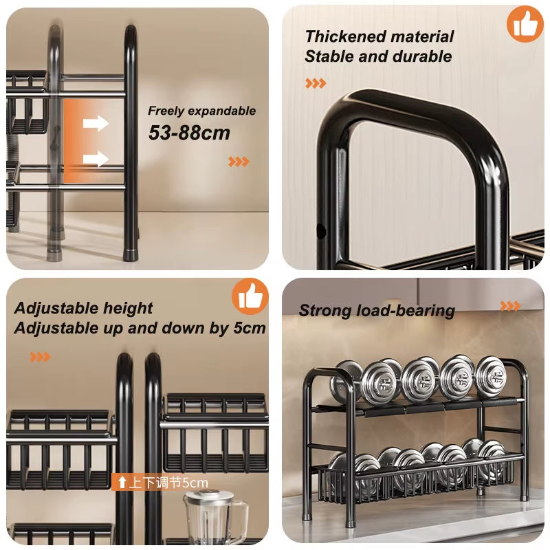 Kitchen under Sink Adjustable Dish Rack 2 Tiers Multifunctional Pots Pans Cookware Storage Rack Kitchen Counter Cabinet Basket