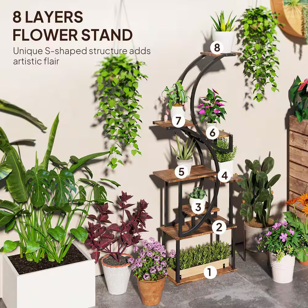 62 In. X 25 In. X 10 In. Indoor Steel Frame Carbonized Plant Stand, Kits and Accessories, S-Shaped, 8 Tier, Black
