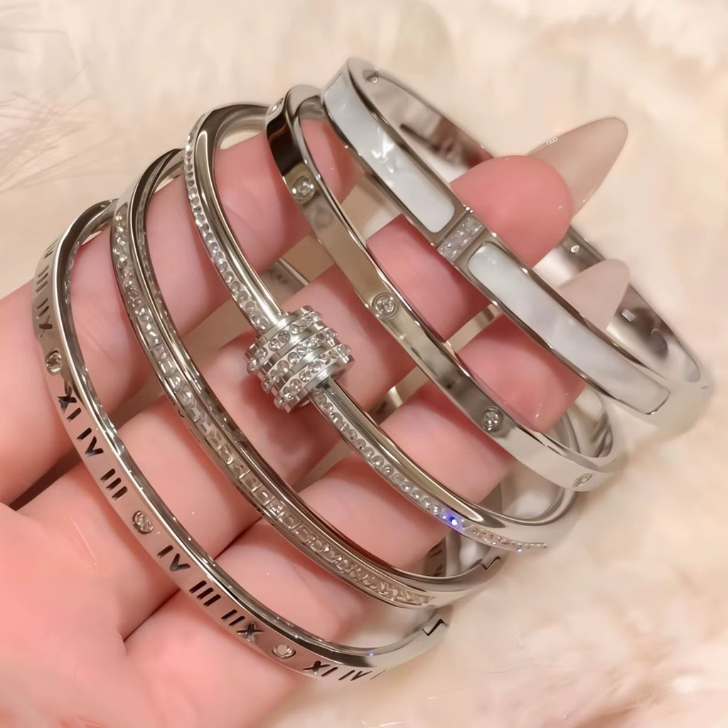 Yupsk 5Pcs/Set Silver Color Titanium Steel Bracelet for Couples Shiny Zircon Inlaid Stainless Steel Bangles Female Jewelry Gift