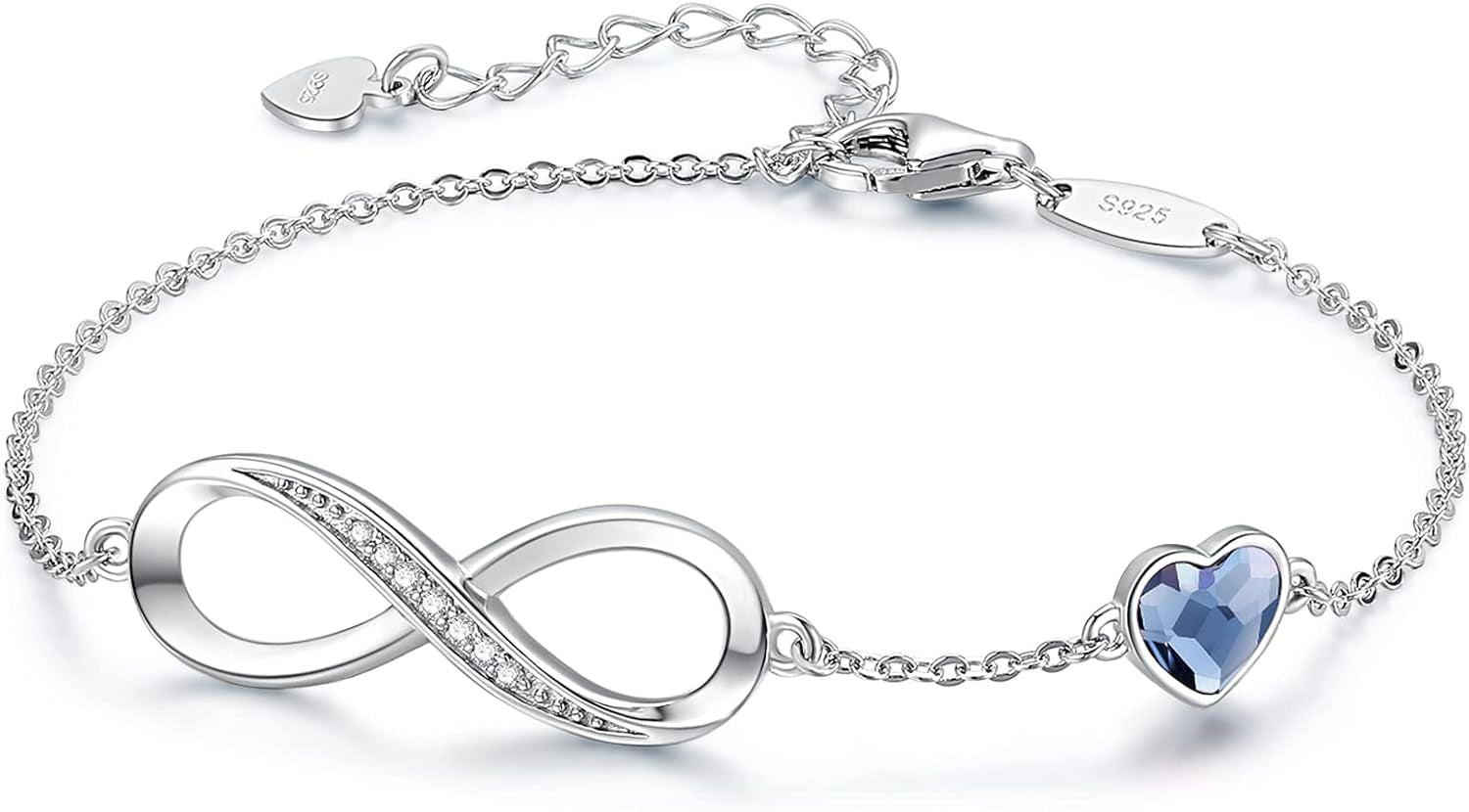 Valentine'S Day Gift Infinity Heart Birthstone Charm Link Bracelet for Women 925 Sterling Silver Adjustable Mother'S Day Christmas Day Gift Anniversary Birthday Jewelry for Wife Girlfriend Her