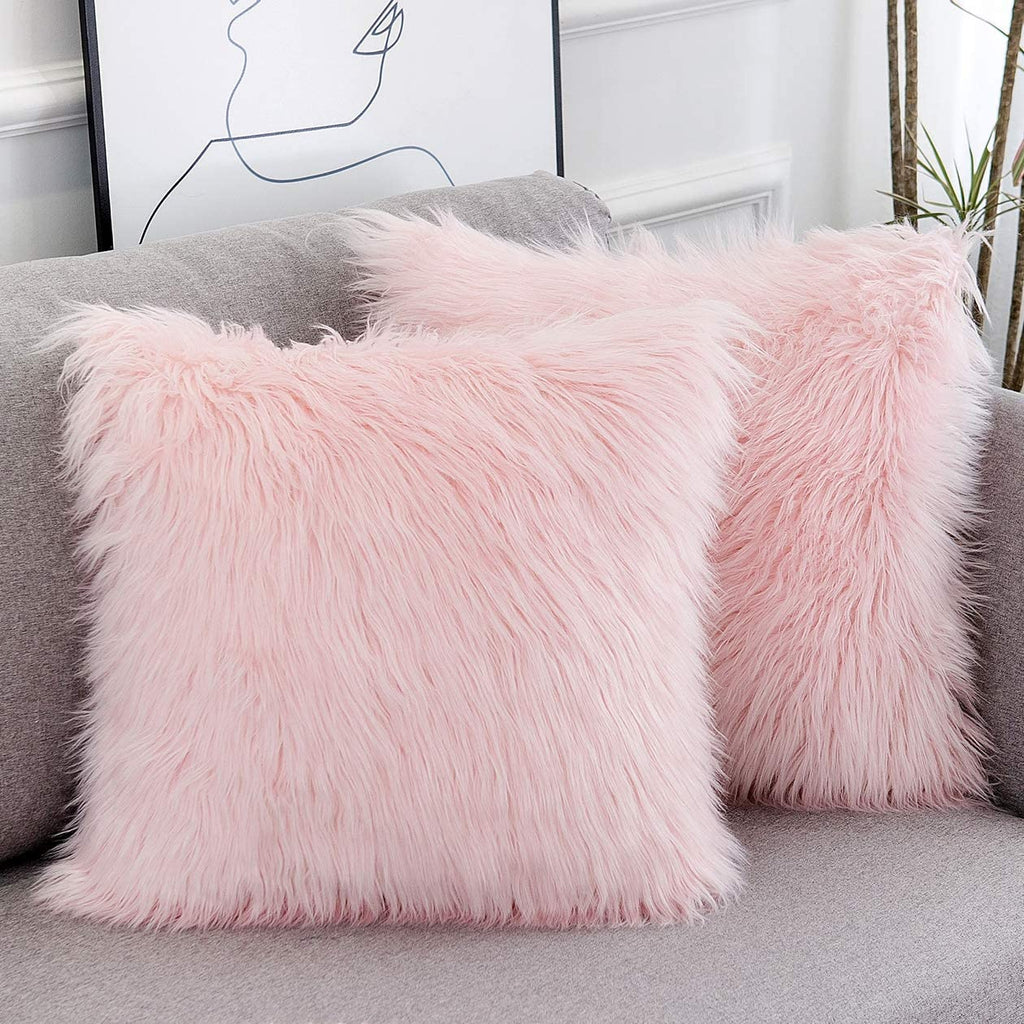 Set of 2 Easter Spring Pink Fluffy Pillow Covers New Luxury Series Merino Style Blush Faux Fur Throw Pillow Covers Square Fuzzy Cushion Case 18X18 Inch for Couch Sofa Home Decorations