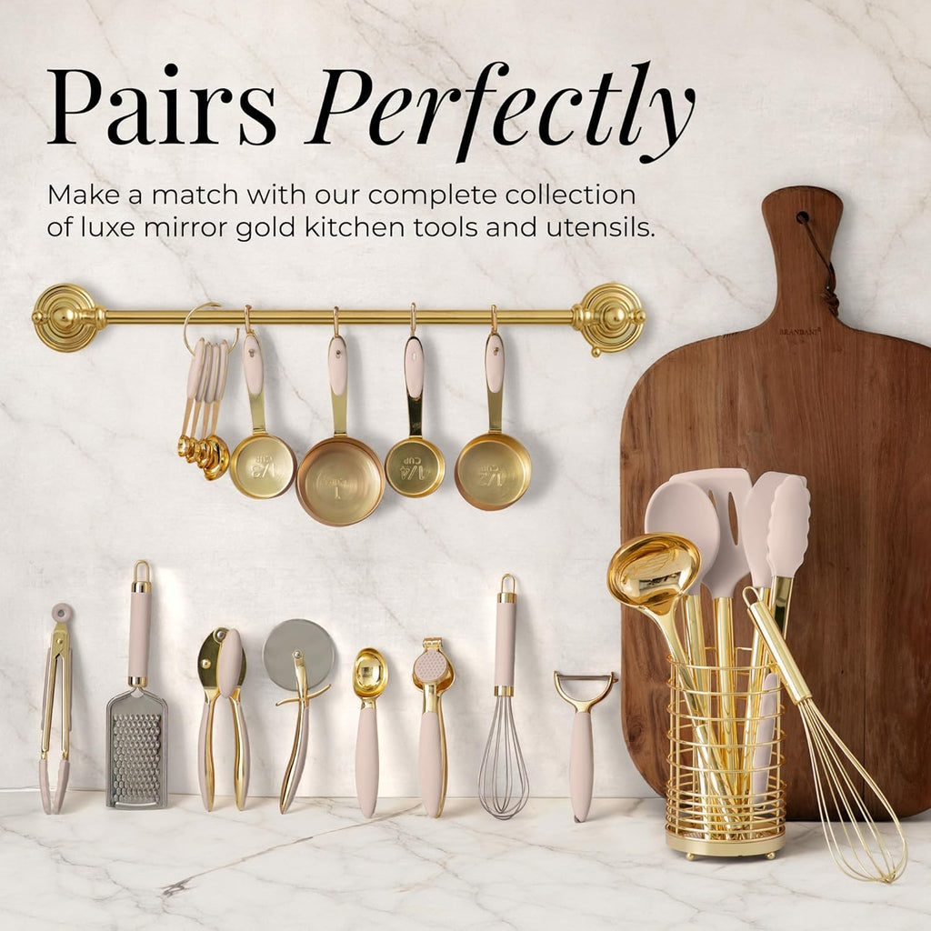 Gold Measuring Cups and Spoons Set – 8-Piece Brass Measuring Set with Beige Silicone Handles for Comfortable Grip – Stainless Steel, Stackable, Gold Kitchen Accessories for Baking & Cooking