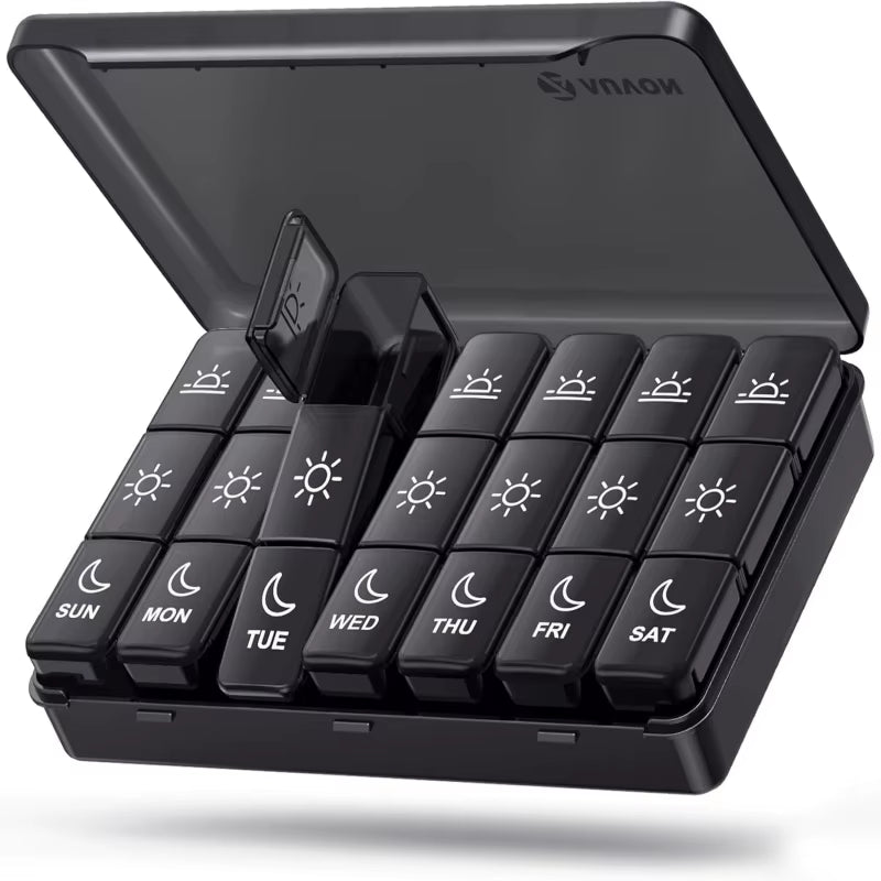 Weekly 21 Grids Pill Box Medicine Organizer Black Plastic PP Storage Box Container Portable Pill Case