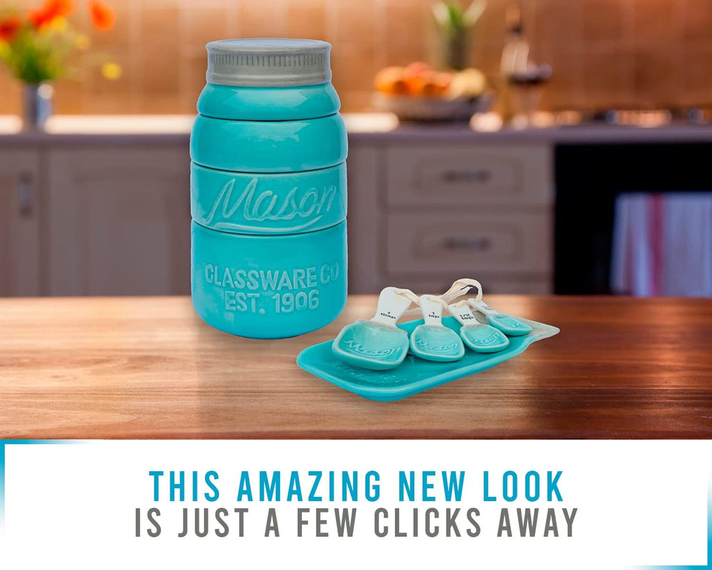 Mason Jar Kitchenware Set – Aqua Blue Ceramic Decor with 4 Measuring Cups, 4 Measuring Spoons, and Spoon Rest