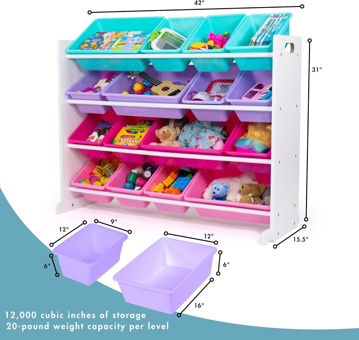 Supersized Toy Storage Organizer with 16 Removable Bins, White/Blue/Pink/Purple – Large Toy Storage for Toddlers Ideal for Kids' Rooms, Playrooms, and Nurseries - Modern Toy Bins for Kids