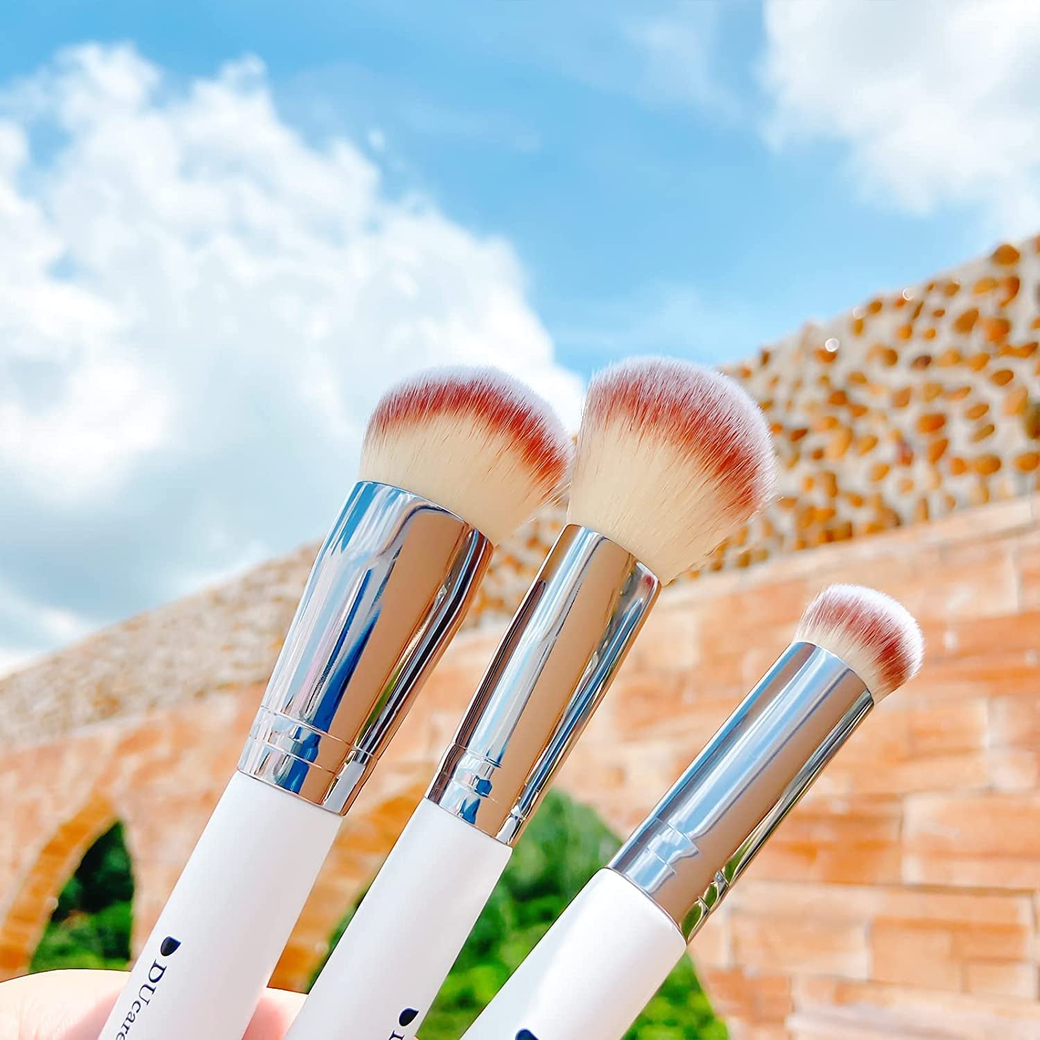 3Pcs Kabuki Makeup Brush Set, Foundation Contour Blush Concealer Brush, Travel Buffing Blending Brush for Liquid Cream Powder Face Makeup White