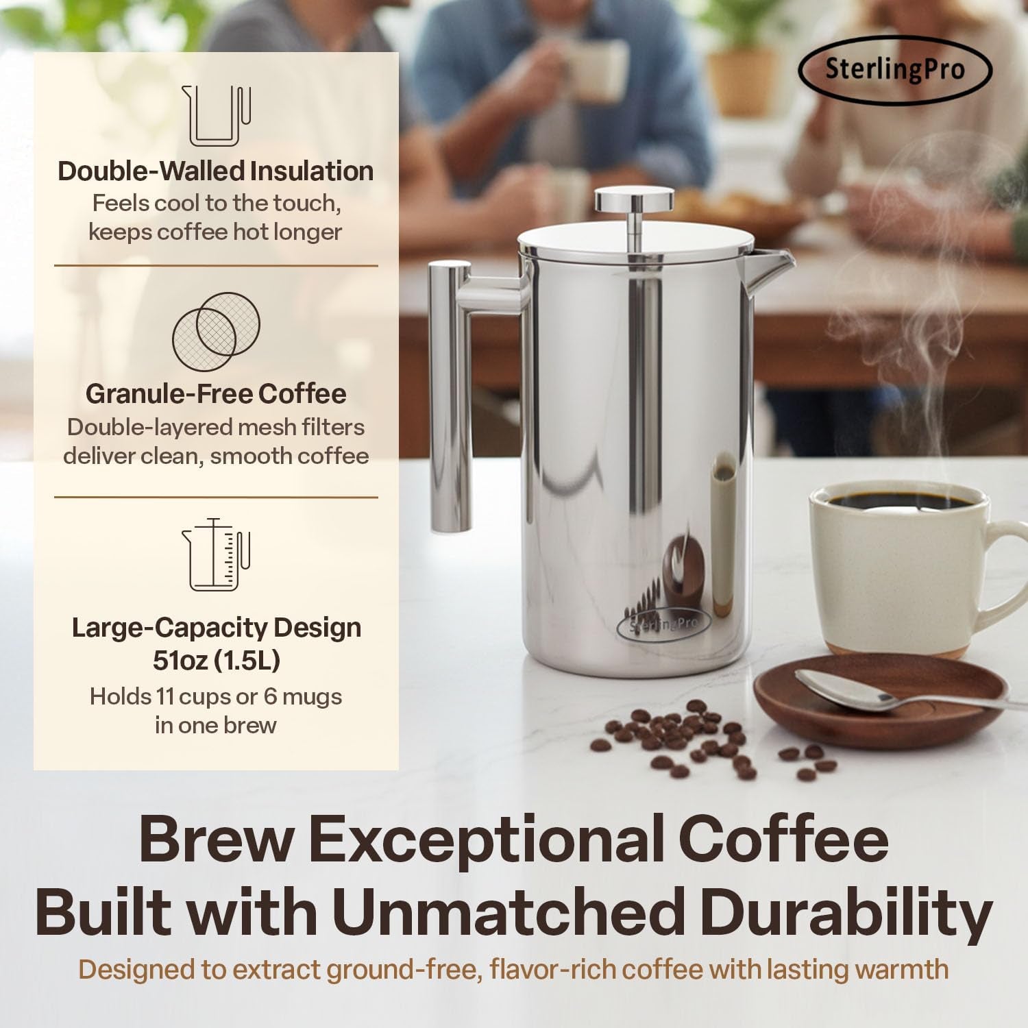 Stainless Steel French Press Coffee Maker 1.5 L (51 Oz) Mirror – Double Walled Insulated Large Coffee Press, Durable Design Keeps Drinks Hot, Easy to Use and Clean for Rich Flavor Brewing