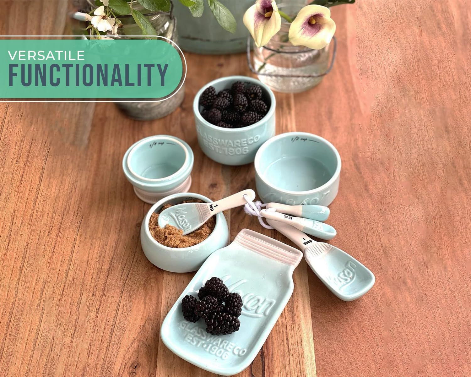 Mason Jar Kitchenware Set – Aqua Blue Ceramic Decor with 4 Measuring Cups, 4 Measuring Spoons, and Spoon Rest