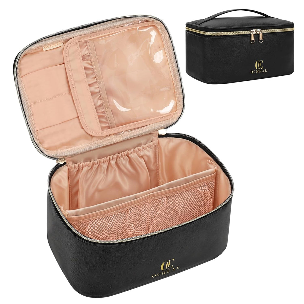 Makeup Bag, Portable Cosmetic Bag, Large Capacity Travel Makeup Case Organizer, Black for Women Toiletry Bag for Girls Traveling with Handle and Divider