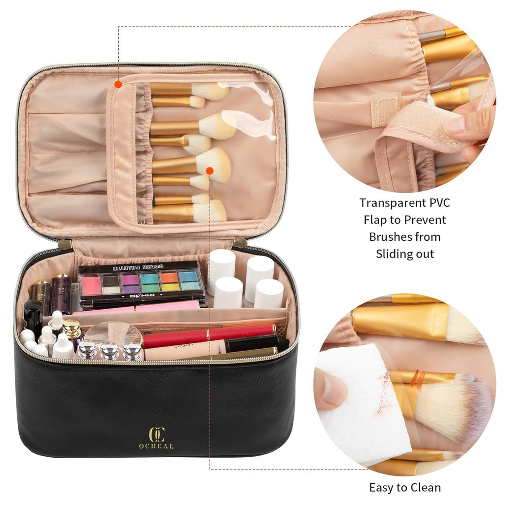 Makeup Bag, Portable Cosmetic Bag, Large Capacity Travel Makeup Case Organizer, Black for Women Toiletry Bag for Girls Traveling with Handle and Divider