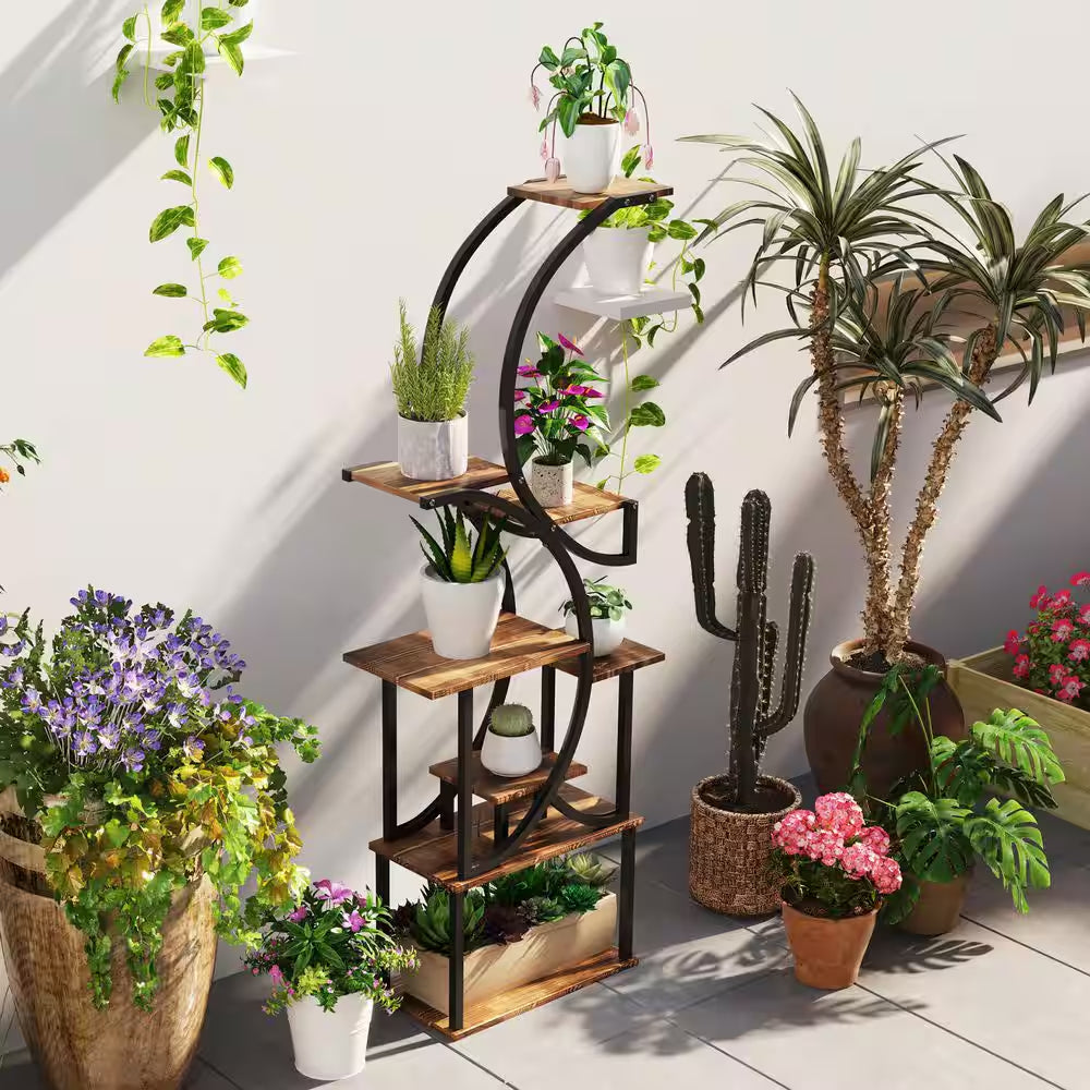 62 In. X 25 In. X 10 In. Indoor Steel Frame Carbonized Plant Stand, Kits and Accessories, S-Shaped, 8 Tier, Black