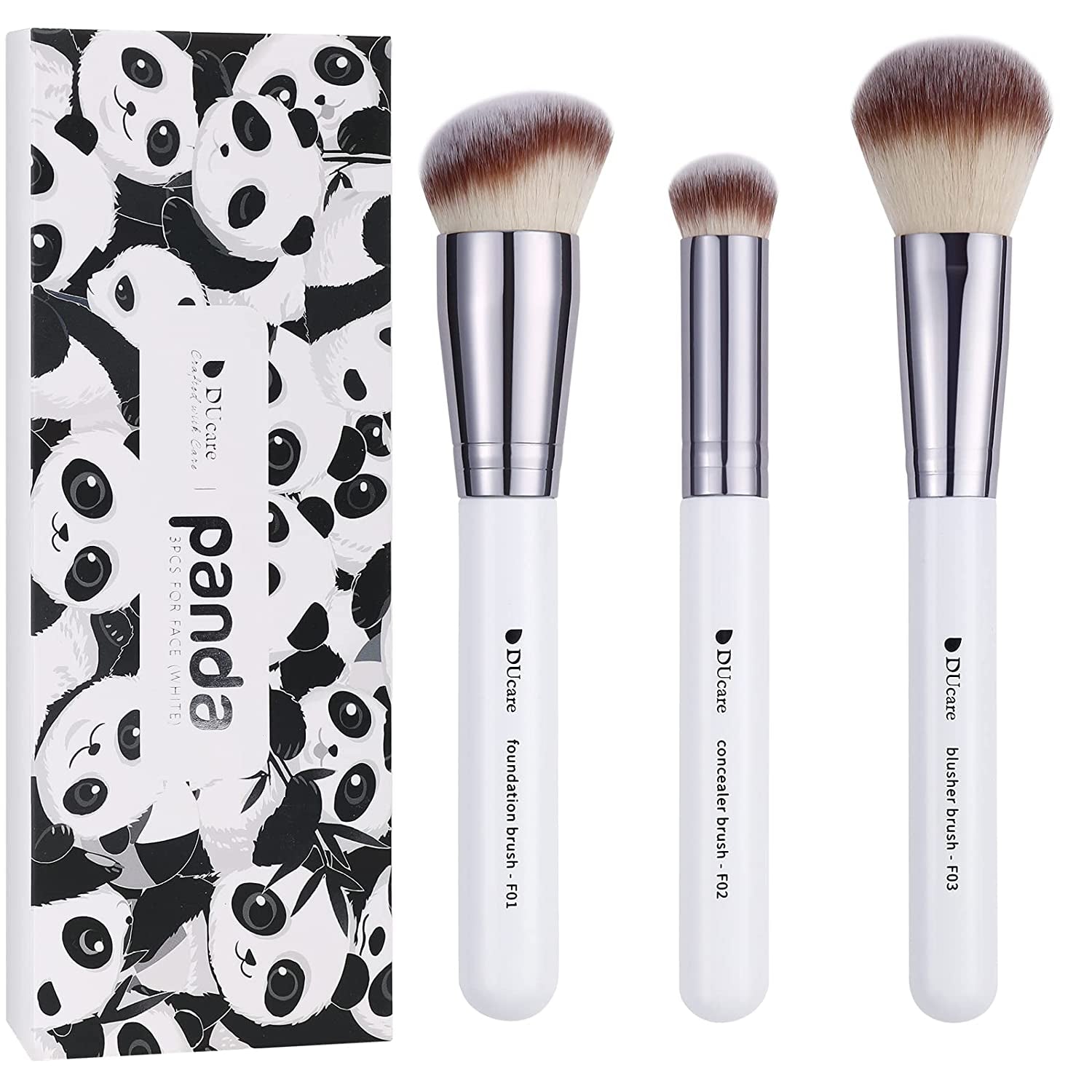 3Pcs Kabuki Makeup Brush Set, Foundation Contour Blush Concealer Brush, Travel Buffing Blending Brush for Liquid Cream Powder Face Makeup White