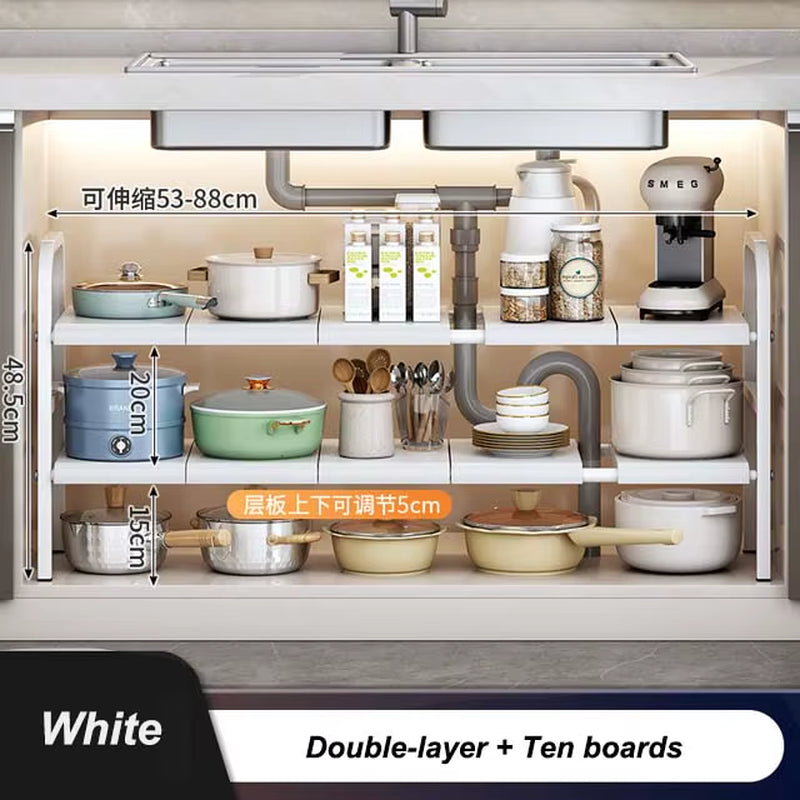 Kitchen under Sink Adjustable Dish Rack 2 Tiers Multifunctional Pots Pans Cookware Storage Rack Kitchen Counter Cabinet Basket