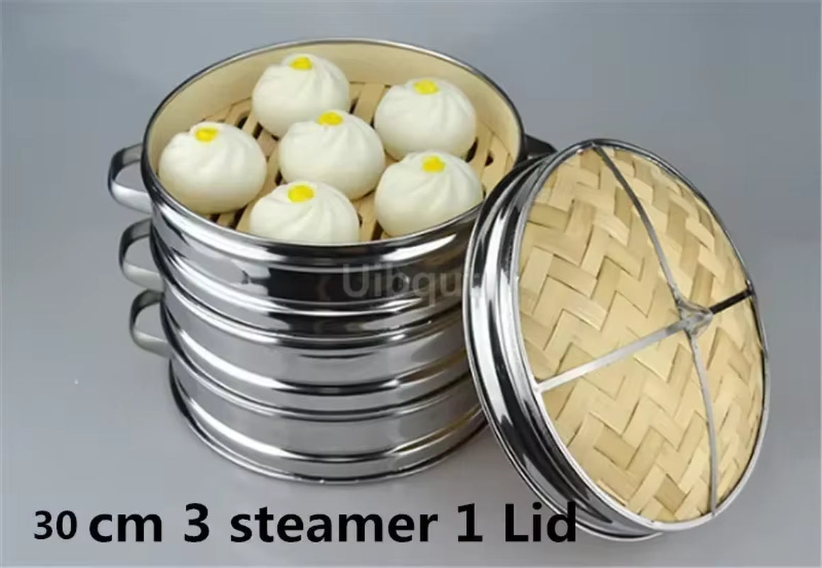 14 to 30Cm Stainless Steel Cookware Bamboo Steamer with Lid Chinese Kitchen Cookware for Cooking Fish Rise Pasta Vegetables Dim