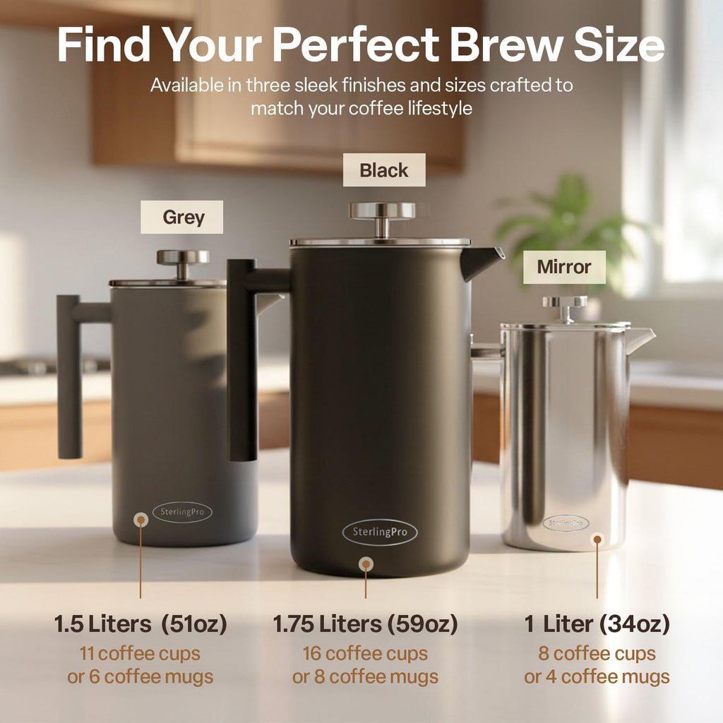 Stainless Steel French Press Coffee Maker 1.5 L (51 Oz) Mirror – Double Walled Insulated Large Coffee Press, Durable Design Keeps Drinks Hot, Easy to Use and Clean for Rich Flavor Brewing