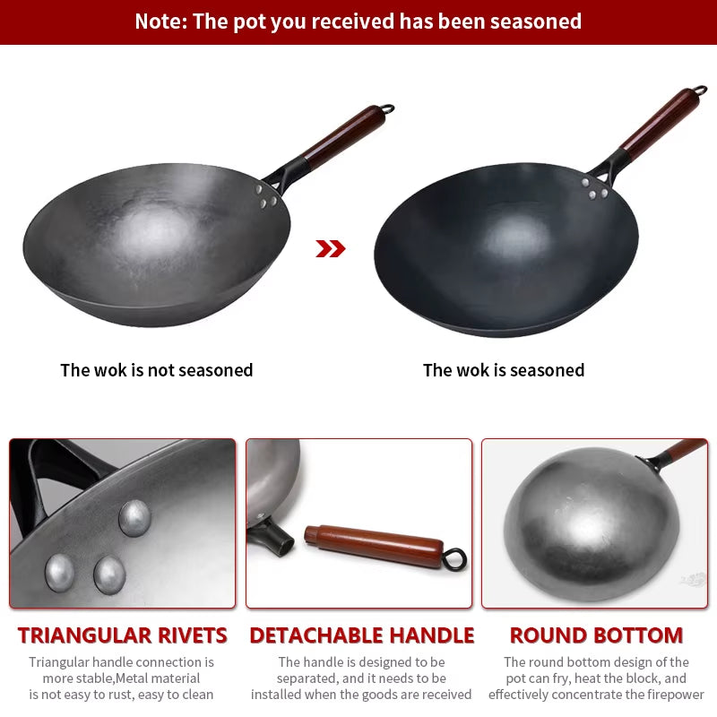 Traditional Iron Wok,Non-Coating Woks Hand Forged for Kitchen Panwooden Handle Wok Kitchen Gas Pot Cookware