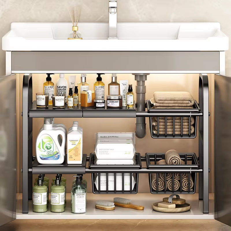 Kitchen under Sink Adjustable Dish Rack 2 Tiers Multifunctional Pots Pans Cookware Storage Rack Kitchen Counter Cabinet Basket