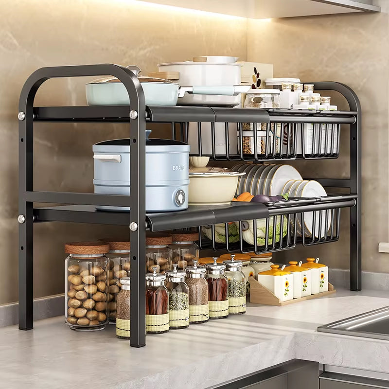 Kitchen under Sink Adjustable Dish Rack 2 Tiers Multifunctional Pots Pans Cookware Storage Rack Kitchen Counter Cabinet Basket