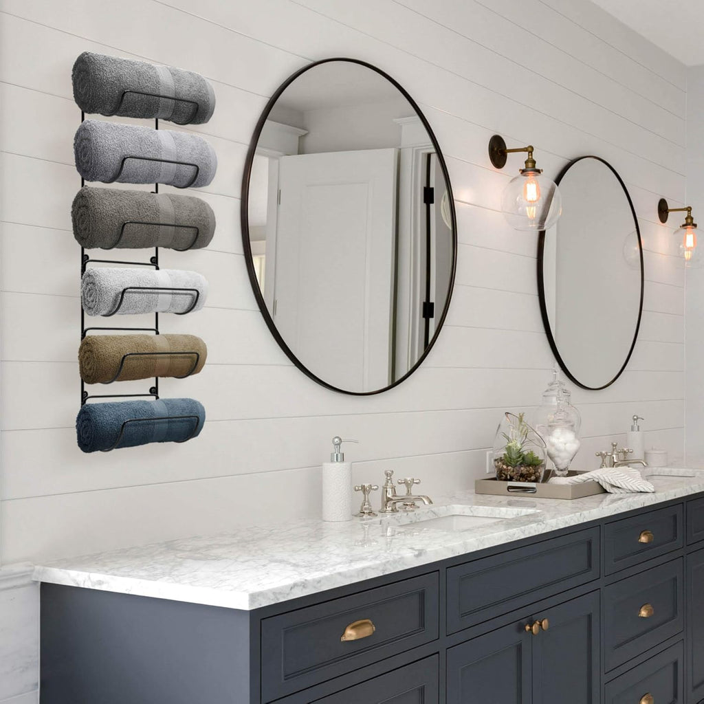 Towel Rack Wall Mount – 6 Compartments of Black Metal Bathroom Towel Holder Set - Bathroom Organizer, for Gym Spa, Camper, Rv, Back of Door, Cabinet - Wine Rack Wall Mounted for Kitchen, Bar