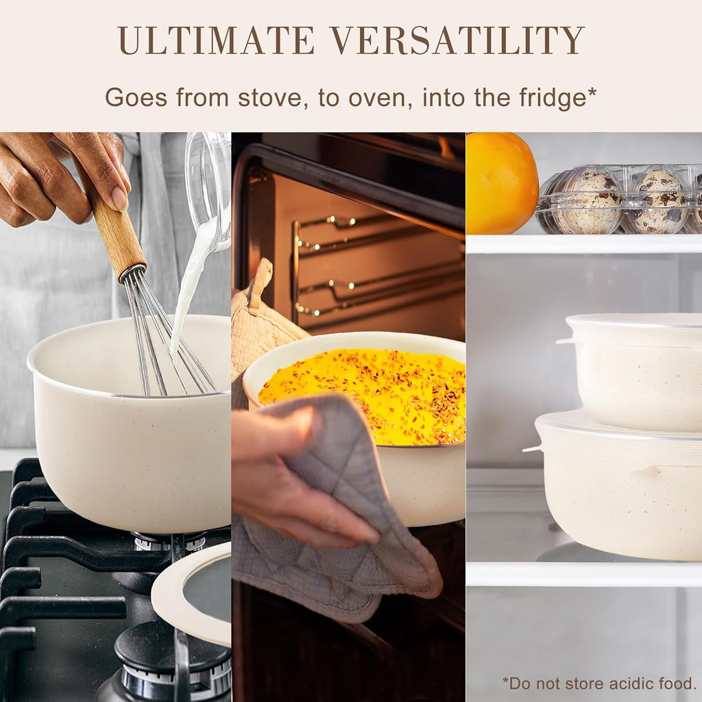 Nonstick Cookware Set -  Stackable Pots and Pans Set Detachable Handle Camping Cookware Granite Kitchen Cookware Sets Removable Handle, Non Toxic Nonstick Frying Pans for Cooking Set Gift Beige