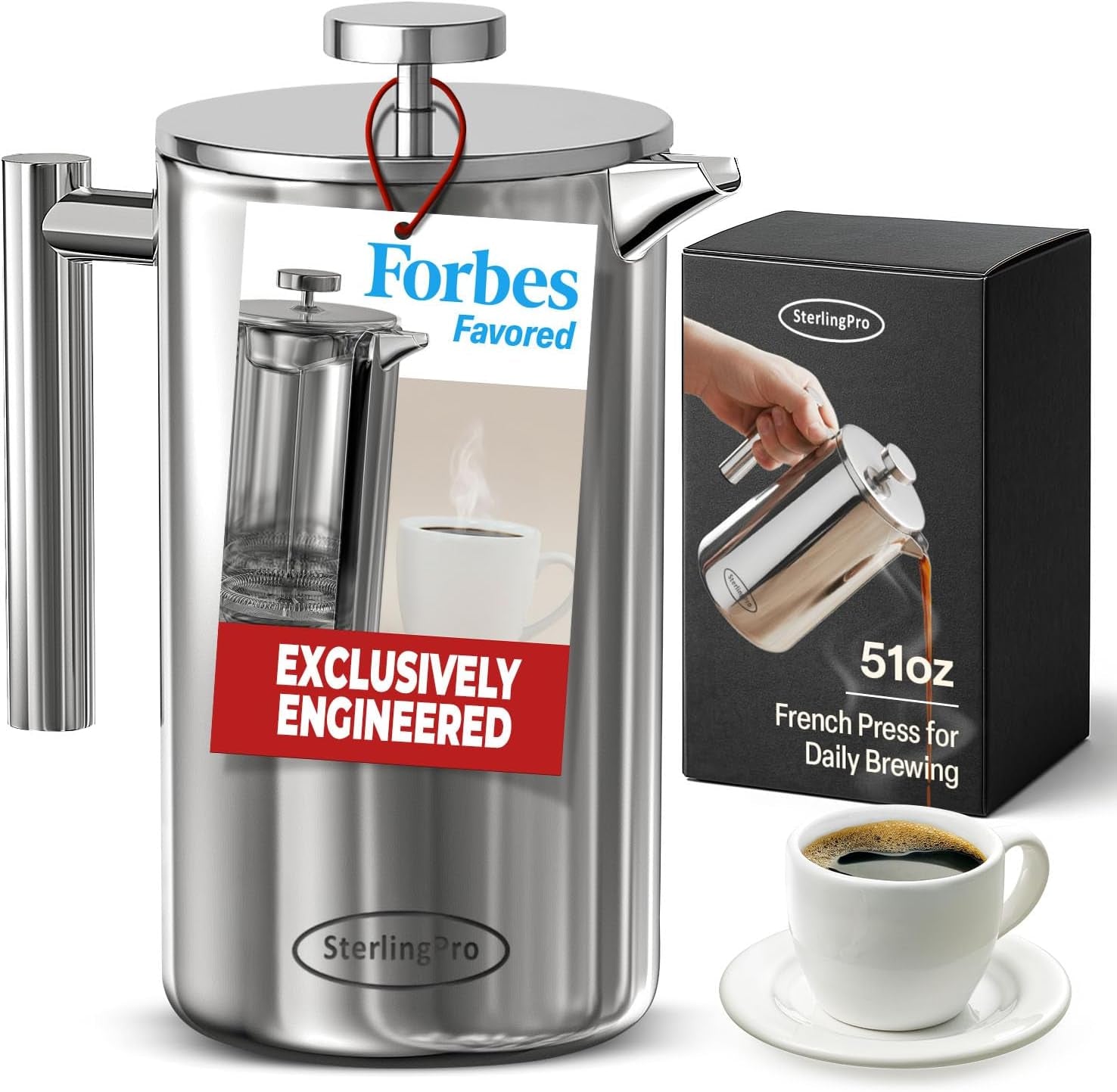 Stainless Steel French Press Coffee Maker 1.5 L (51 Oz) Mirror – Double Walled Insulated Large Coffee Press, Durable Design Keeps Drinks Hot, Easy to Use and Clean for Rich Flavor Brewing